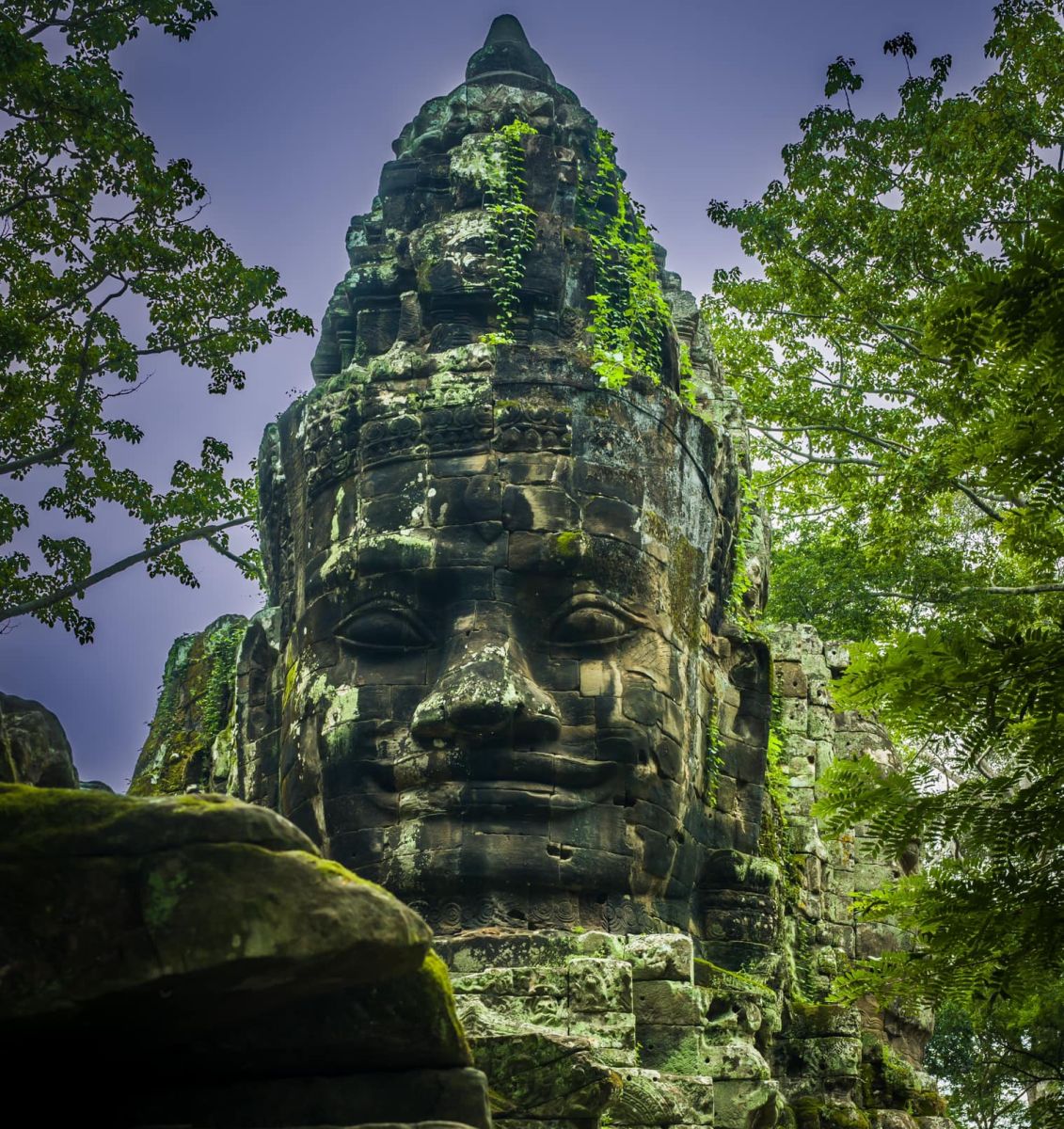 Stone Head Sculpture in Bayon Temple in Angkor Thom in northern Cambodia