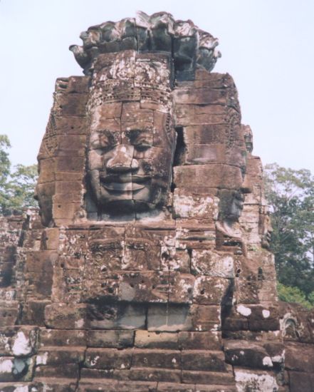 Stone Head Sculpture in Bayon Temple in Angkor Thom in northern Cambodia