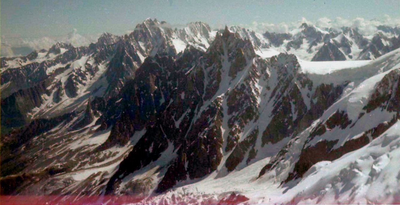 Aiguille du Midi on normal route of ascent on Mont Blanc from Nid d'Aigle