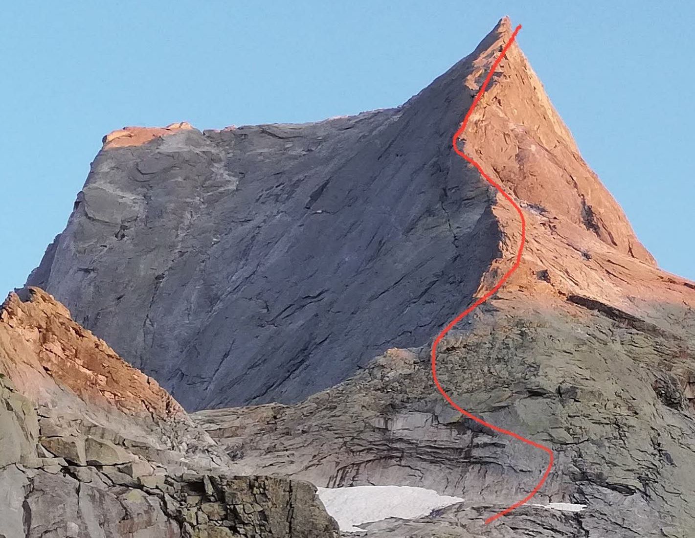 Ascent route on  Piz Badile in SE Switzerland