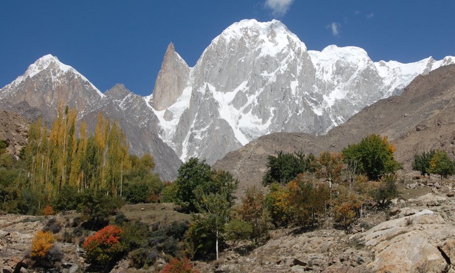 Hunza Peak and Bublimotin / Lady Finger Peak in the Hunza Valley in the Karakorum Mountains of Pakistan