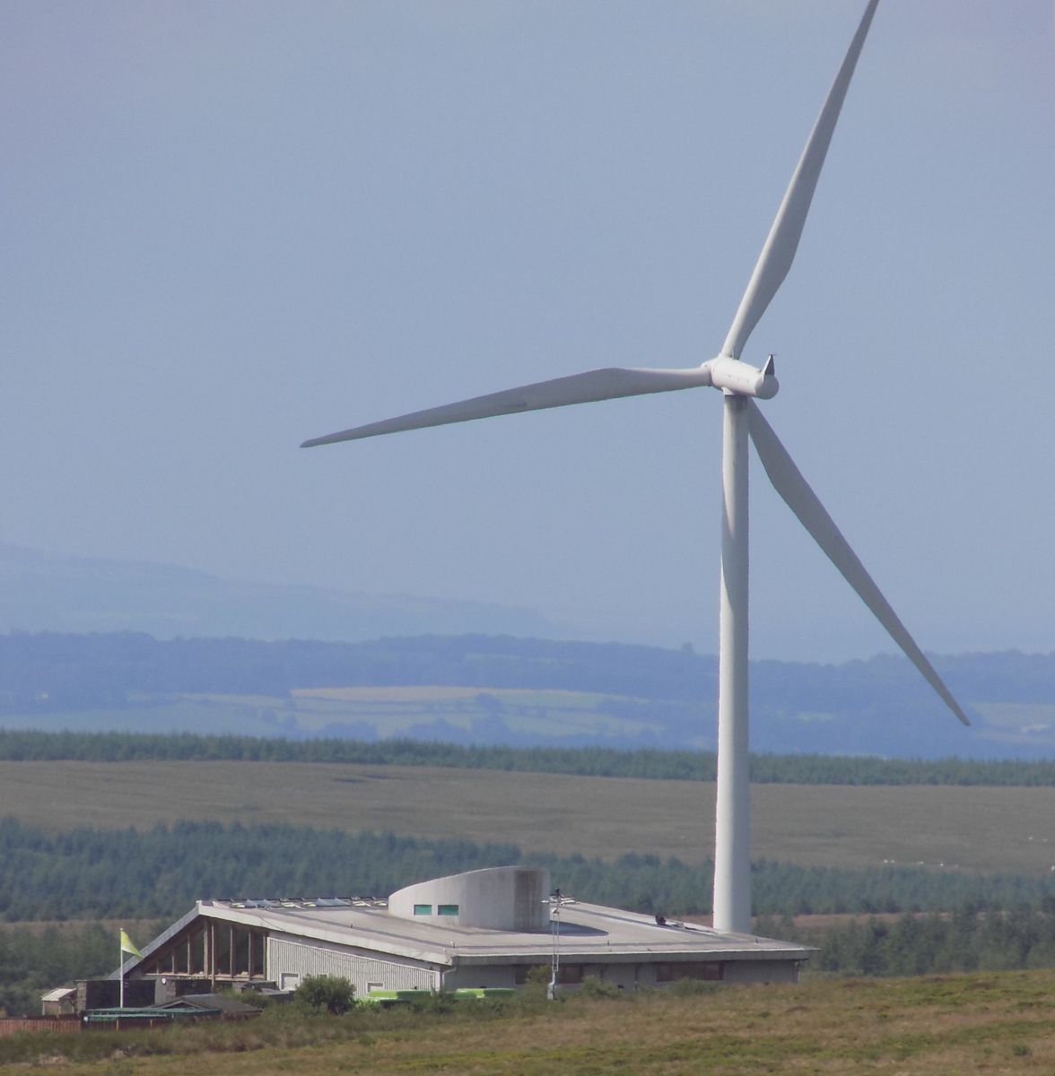 The Visitor Centre at Whitelee Windfarm from Ballageich Hill