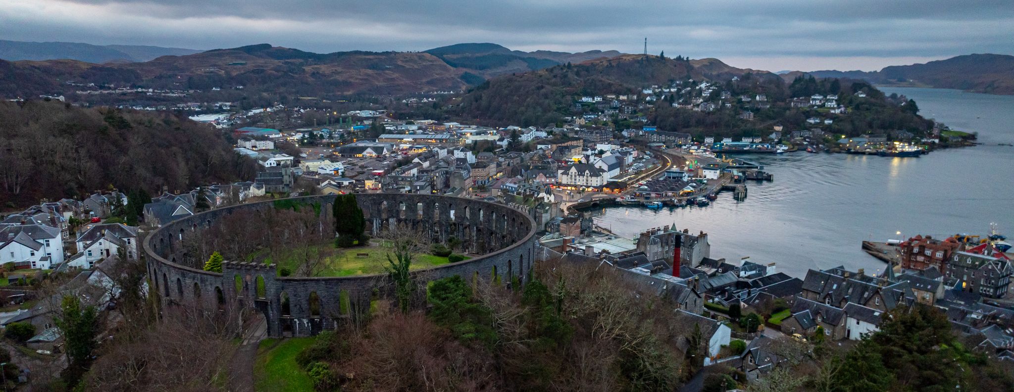 Aerial view of McCaig's Folly ( Tower ) above Oban